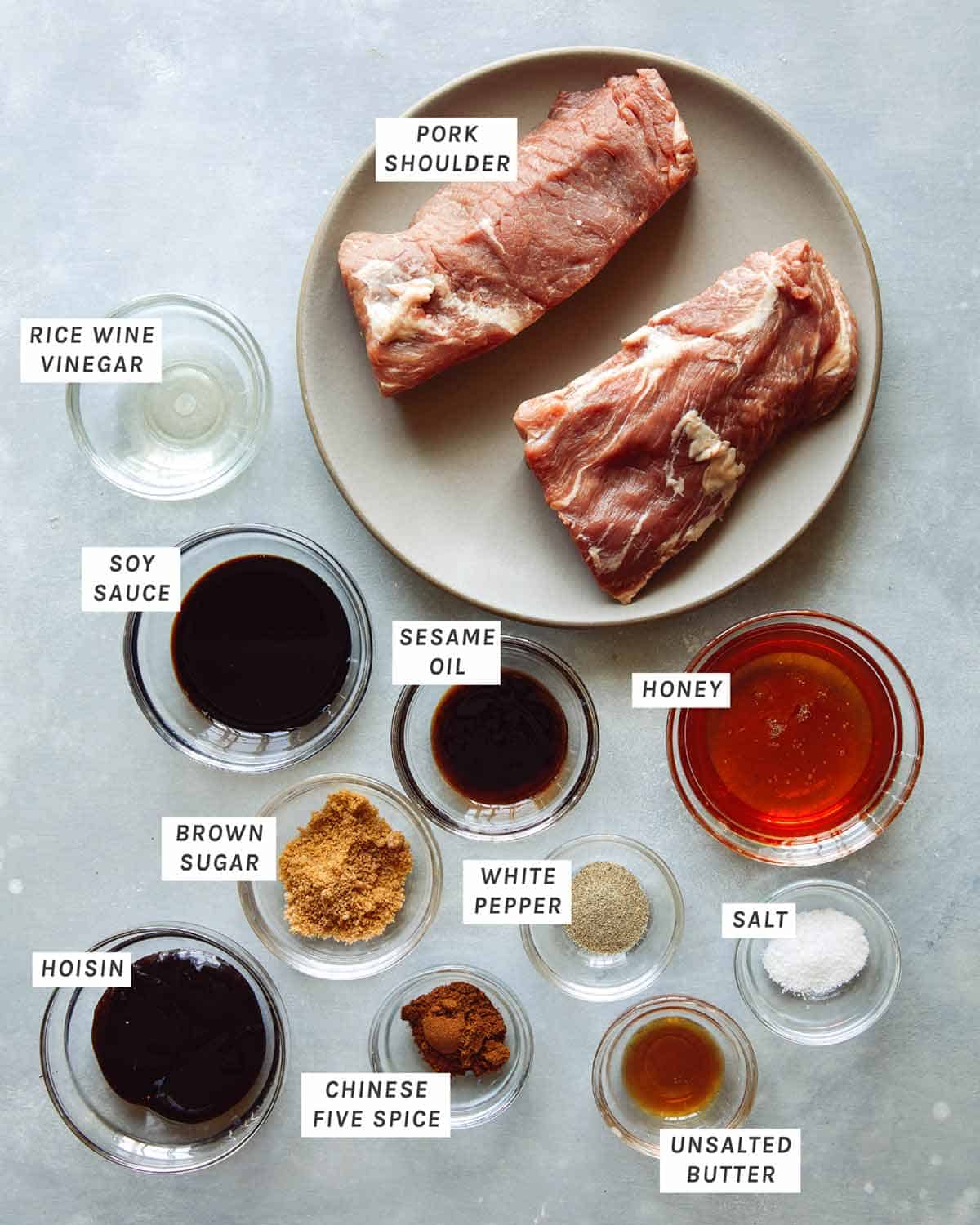 Char siu pork ingredients on a kitchen counter. 