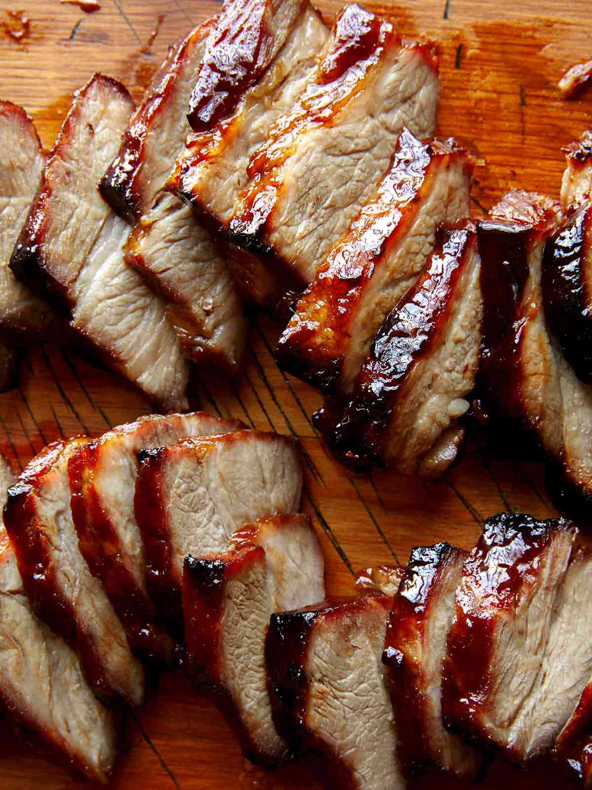 Char Siu on a cutting board. 