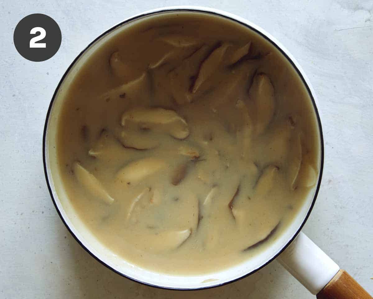 Loco moco gravy in a pot.