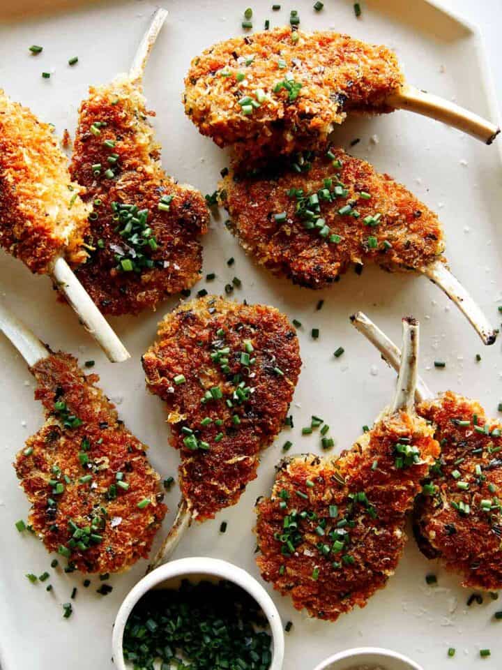 Panko crusted lamb chop recipe on a plate.