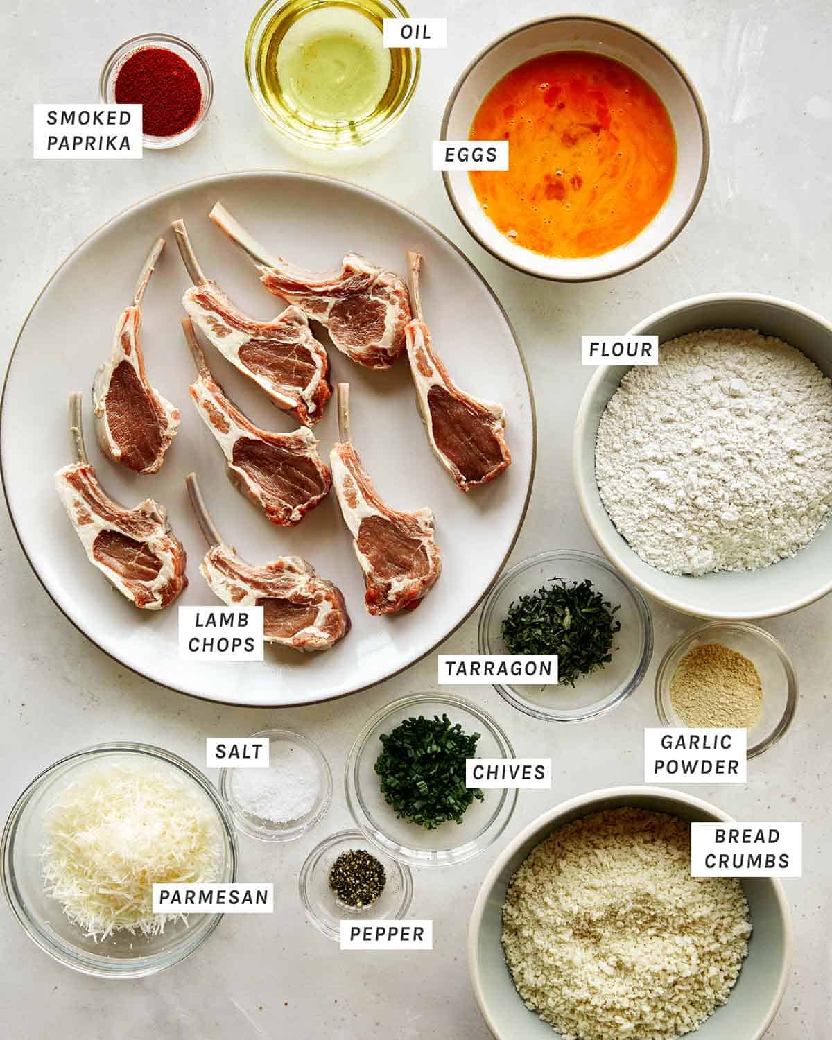 Ingredients to make panko crusted lamb chops. 