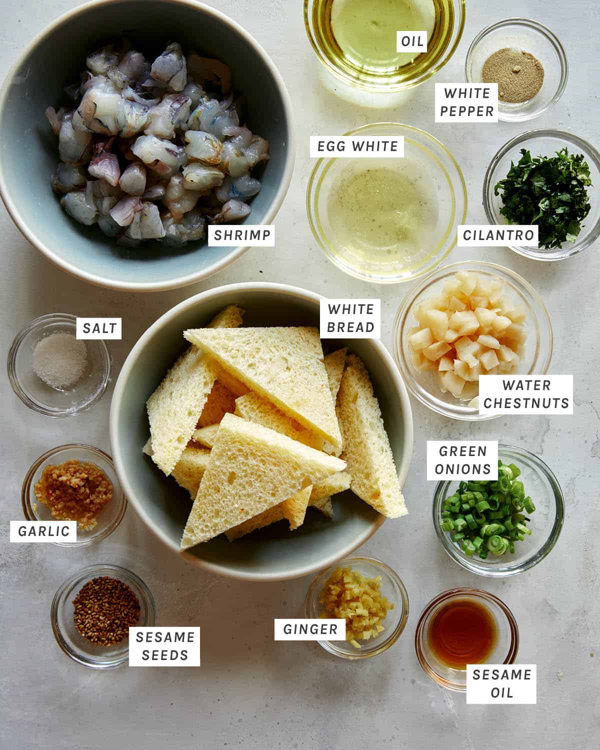 Shrimp toast ingredients on a kitchen counter. 