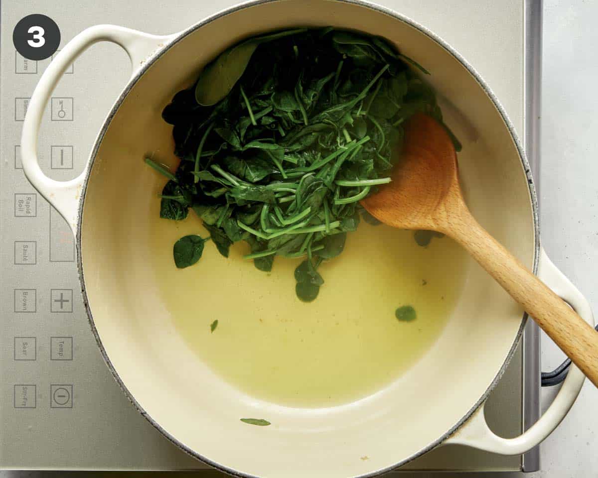 Wilted spinach in a pot. 