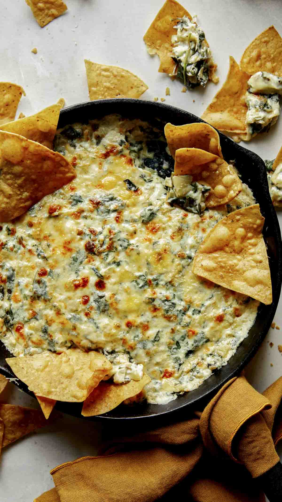 Spinach and artichoke dip close up.