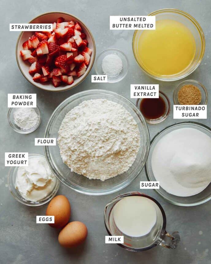 Ingredients to make our strawberry muffin recipe. 