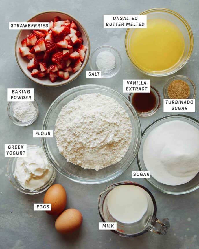 Ingredients to make our strawberry muffin recipe.