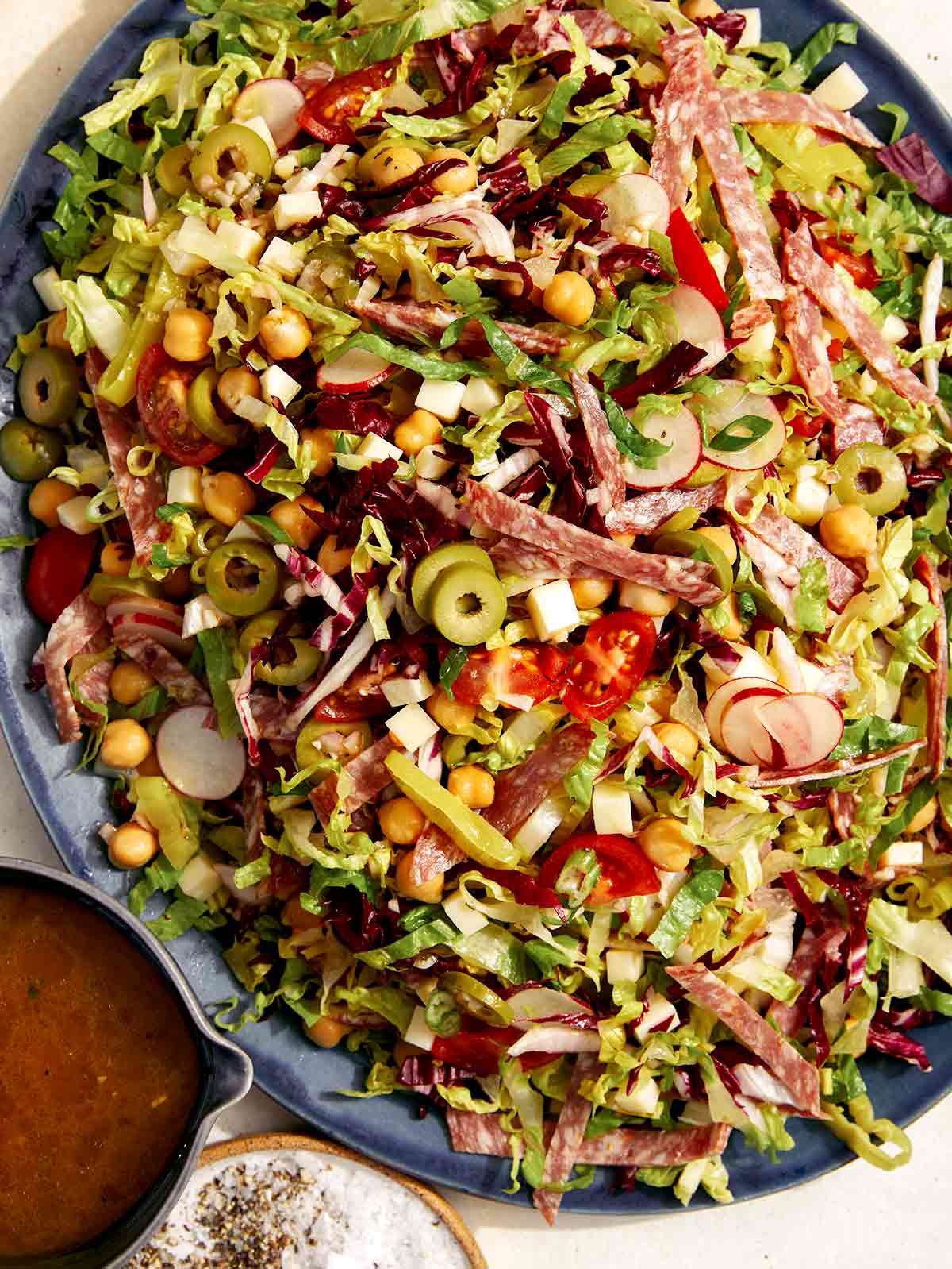 Close up on a Italian chopped salad. 