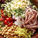 Italian chopped salad in a wood bowl.