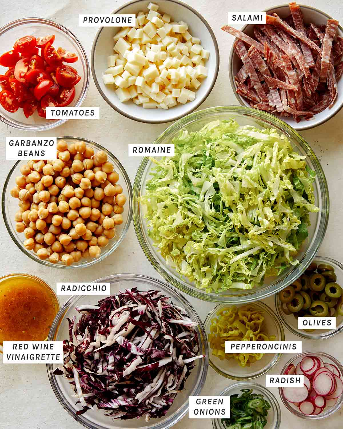 Ingredients for an Italian chopped salad. 