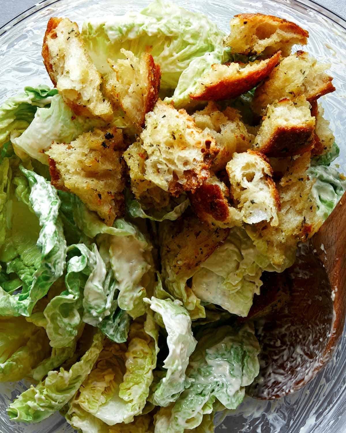 Croutons in a salad bowl.