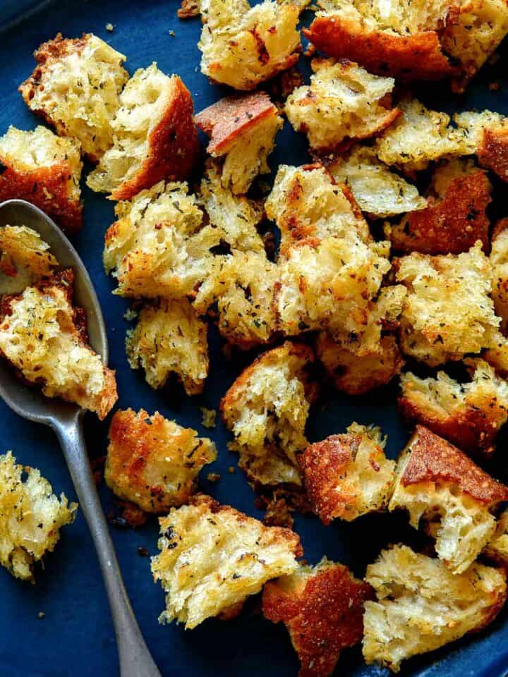 Homemade croutons on a platter.