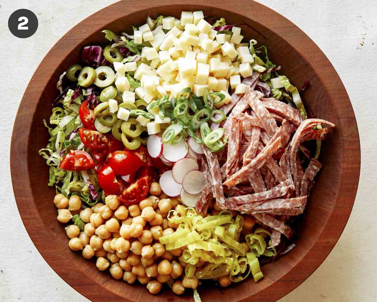 Italian chopped salad in a wood bowl. 