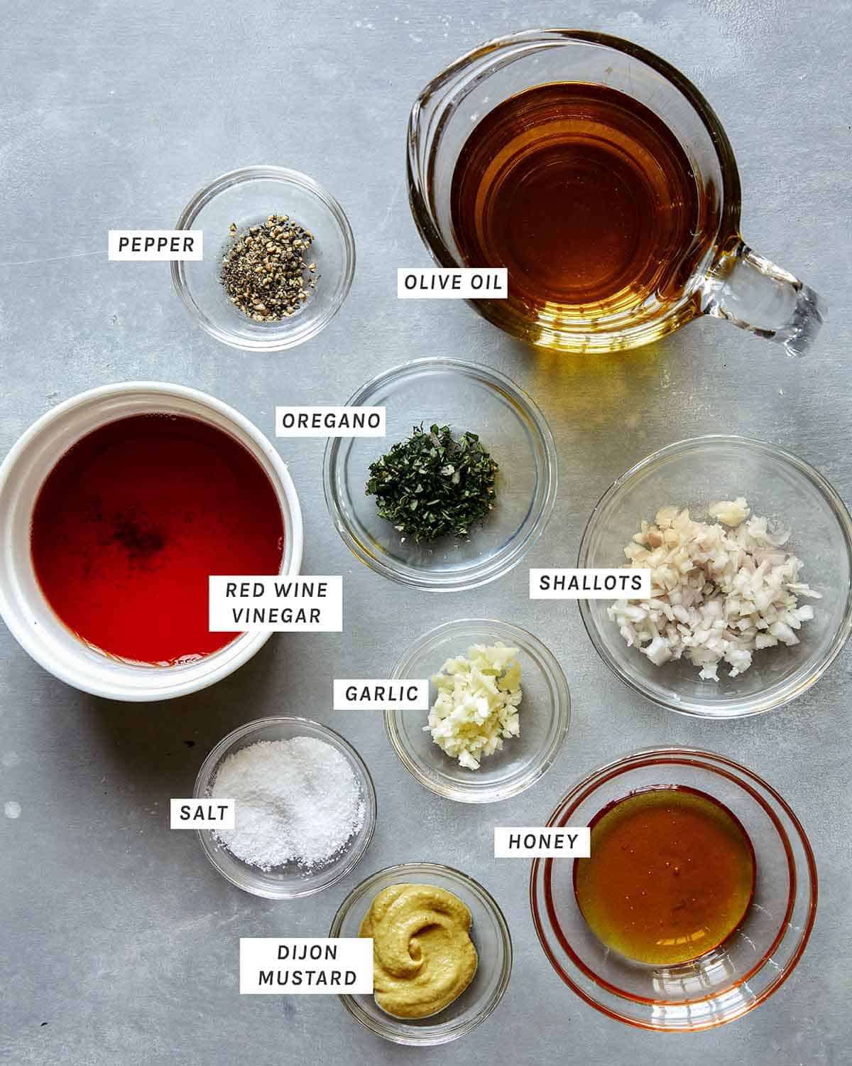 Ingredients to make red wine vinaigrette. 