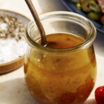 Red wine vinaigrette recipe in a jar.