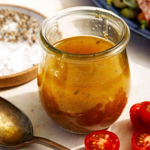 Red wine vinaigrette recipe in a jar.