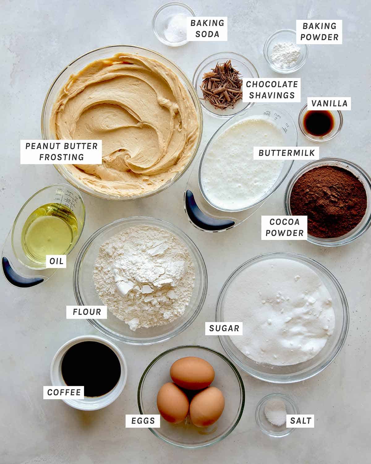 Ingredients in a chocolate sheet cake recipe. 