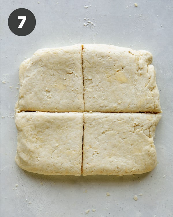 Biscuits cut into four sections.