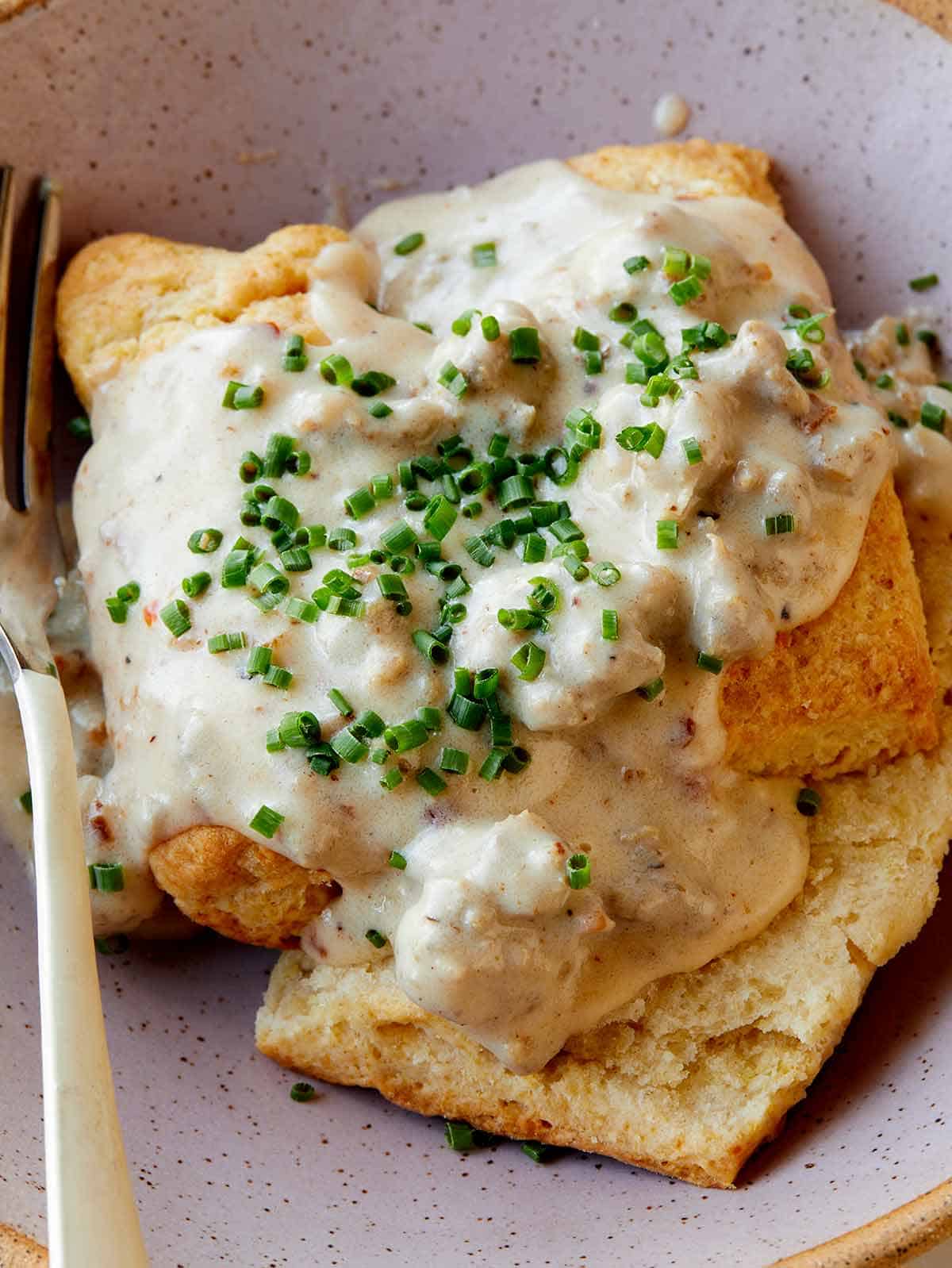 Biscuits and gravy in a bowl. 