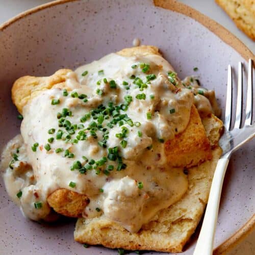 Biscuits and gravy recipe in a bowl.