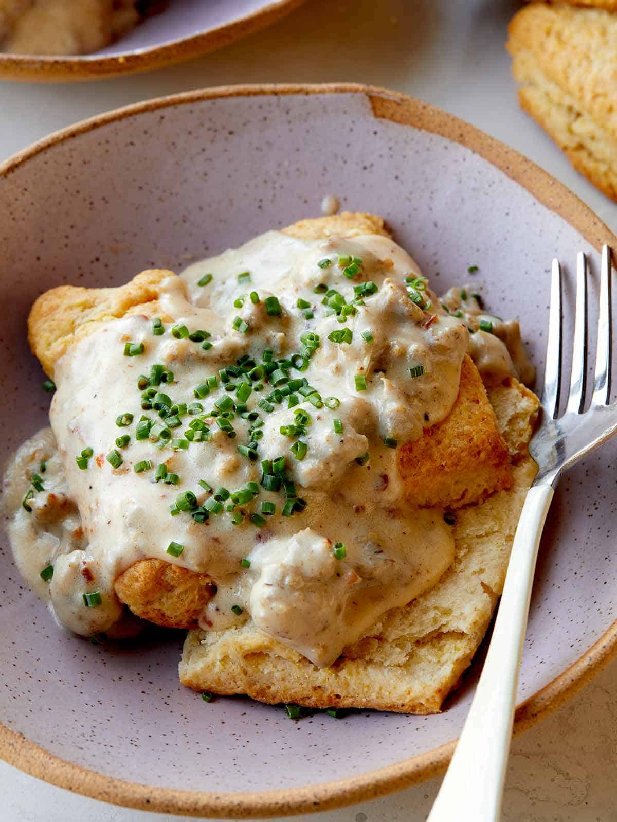 Biscuits and gravy recipe in a bowl. 