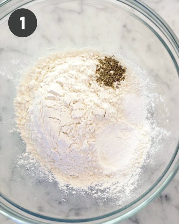 Dry ingredients in a bowl ready to be whisked together.