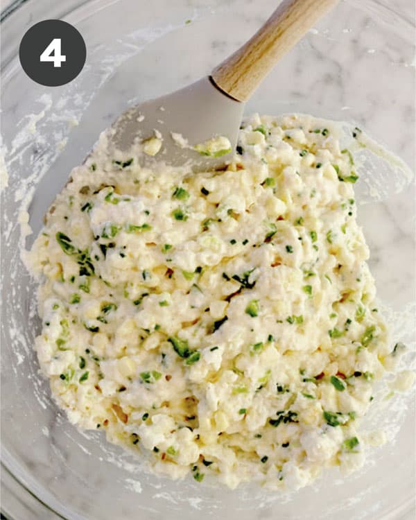 Ingredients folded together to create the batter for the corn cakes.