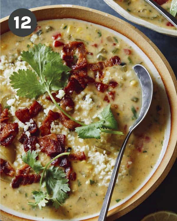 A bowl of corn chowder garnished with bacon and cilantro with a spoon.