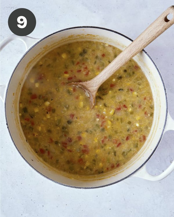 Corn chowder simmering with stock.