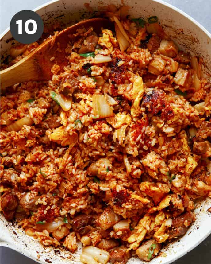 Kimchi fried rice in a skillet.