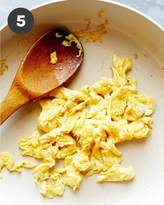 Scrambled eggs in a skillet. 