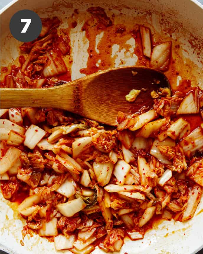 Kimchi in a skillet for kimchi fried rice.