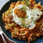 Kimchi fried rice in a skillet.