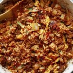 Kimchi fried rice in a skillet.