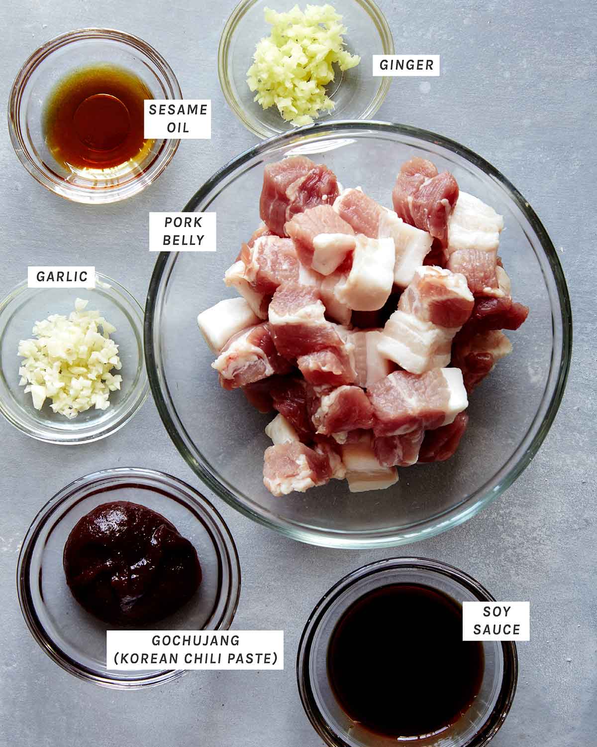 Kimchi fried rice ingredients, pork belly marinade.