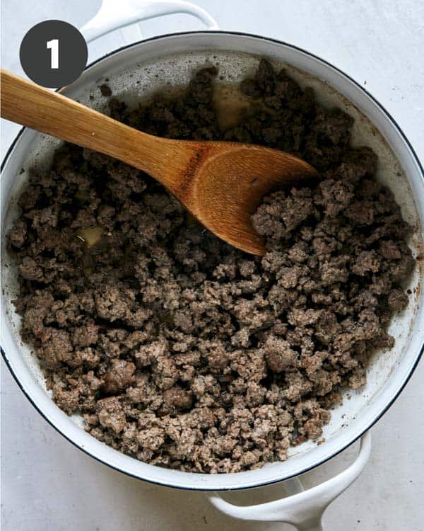Ground beef cooking in a pot. 
