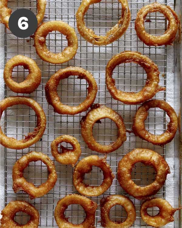 Freshly fried beer battered onion rings.