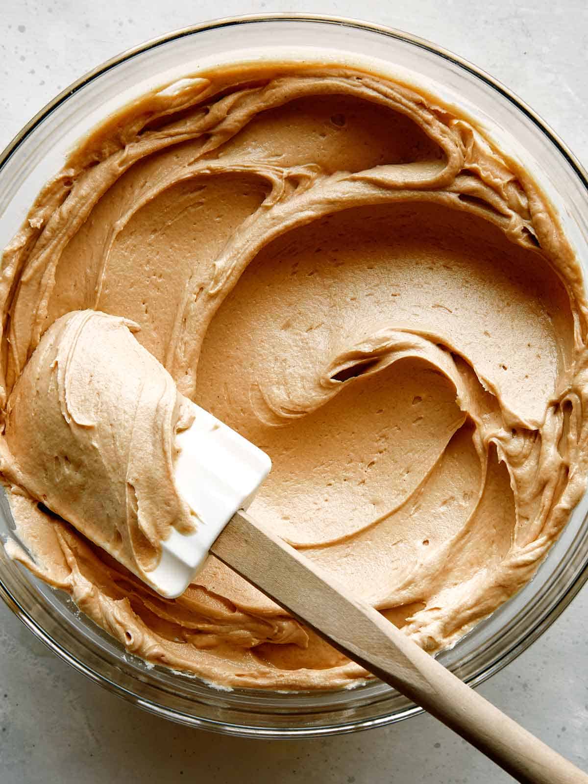 Peanut butter frosting in a bowl. 