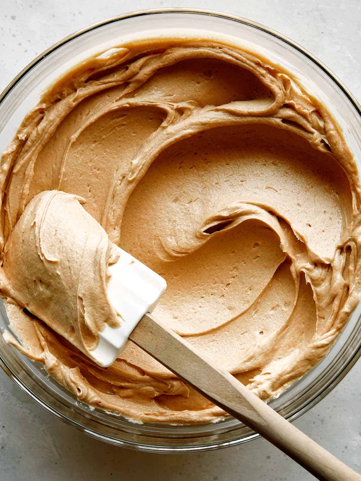 Peanut butter frosting in a bowl.