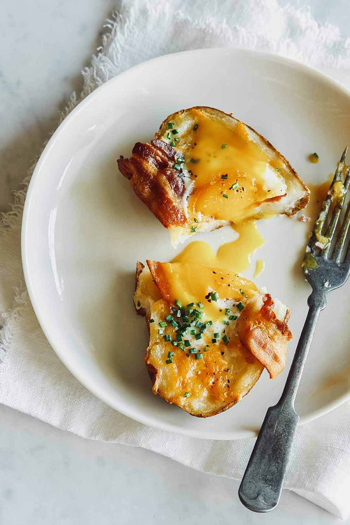 Twice Baked Breakfast Potatoes Spoon Fork Bacon