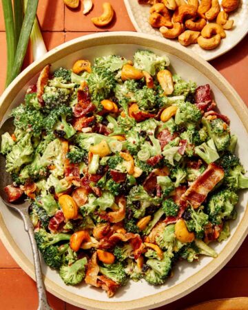 Broccoli salad recipe in a bowl.