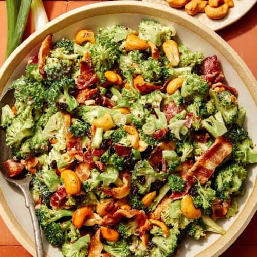Broccoli salad recipe in a bowl.
