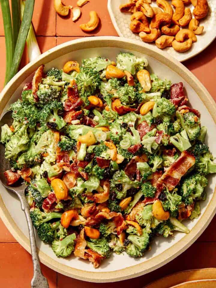 Broccoli salad recipe in a bowl.