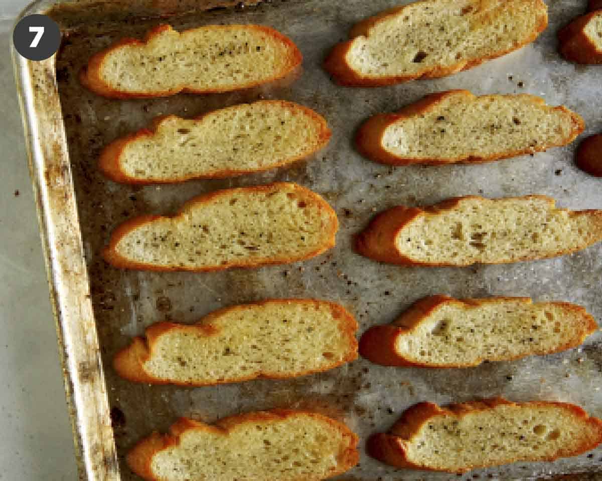 Toasted crostini to make bruschetta. 