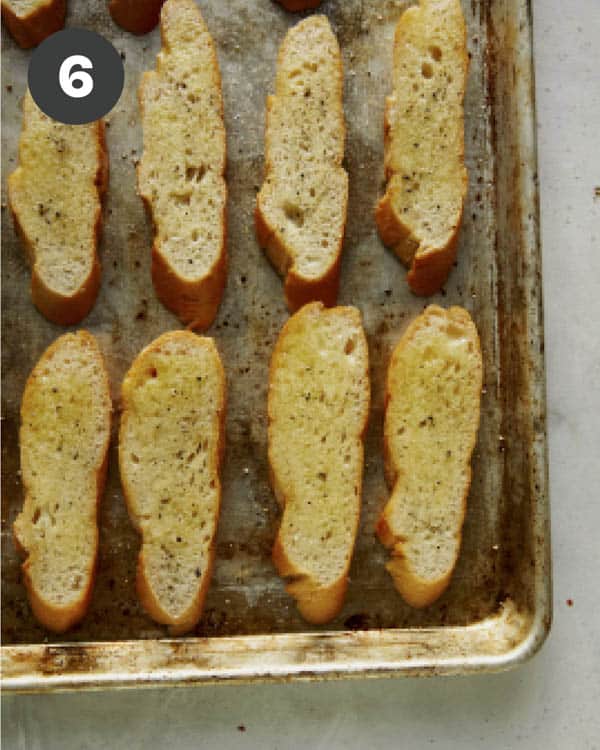 Crostini with butter and olive oil sprinkled with salt and pepper.