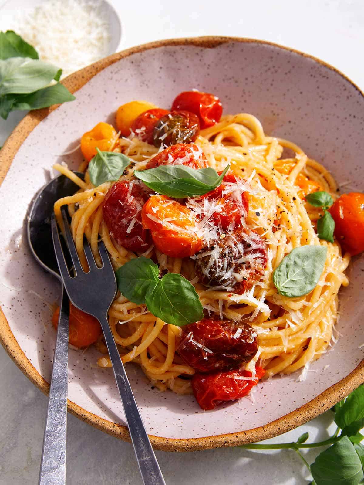 Butter Roasted Cherry Tomato Pasta recipe in a bowl. 