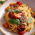 Butter roasted cherry tomato pasta recipe in a bowl with basil on the side.
