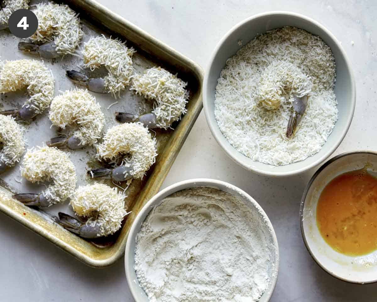 Breadcrumbs and shredded coconut for coconut shrimp.