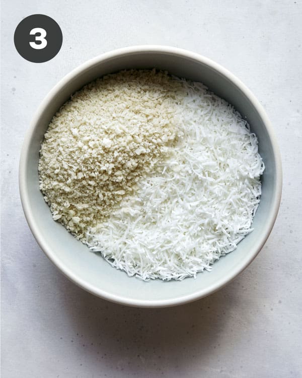 Breadcrumbs and shredded coconut for coconut shrimp.