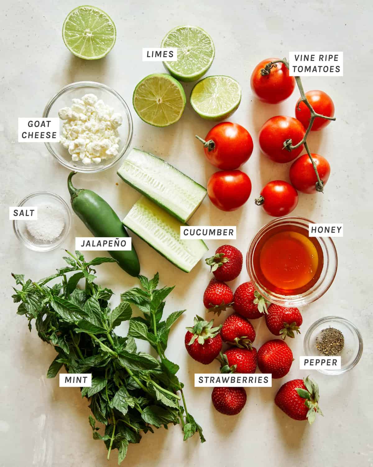 Strawberry and tomato gazpacho recipe ingredients. 