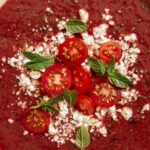 Close up on a bowl of tomato gazpacho.